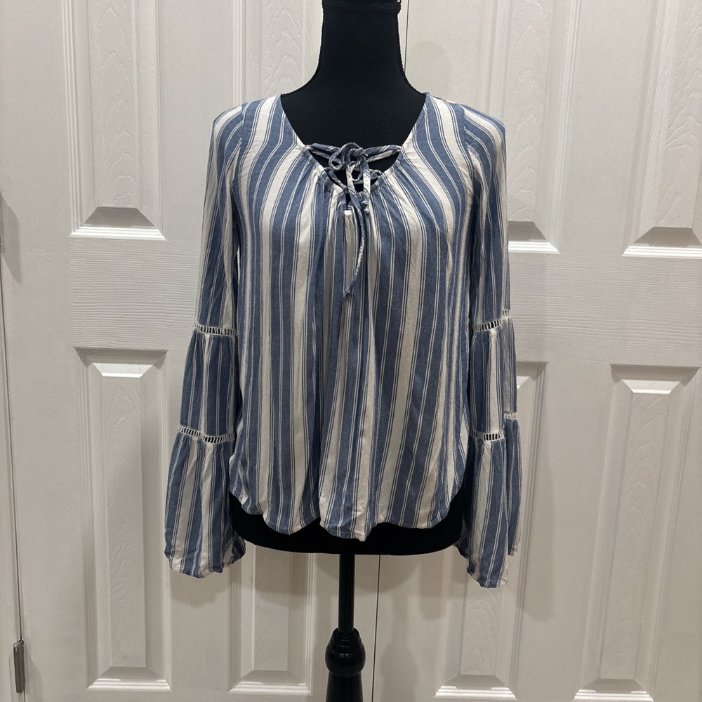 Hollister Blue and White Striped Bohemian vibed Blouse with bell sleeves Size XS